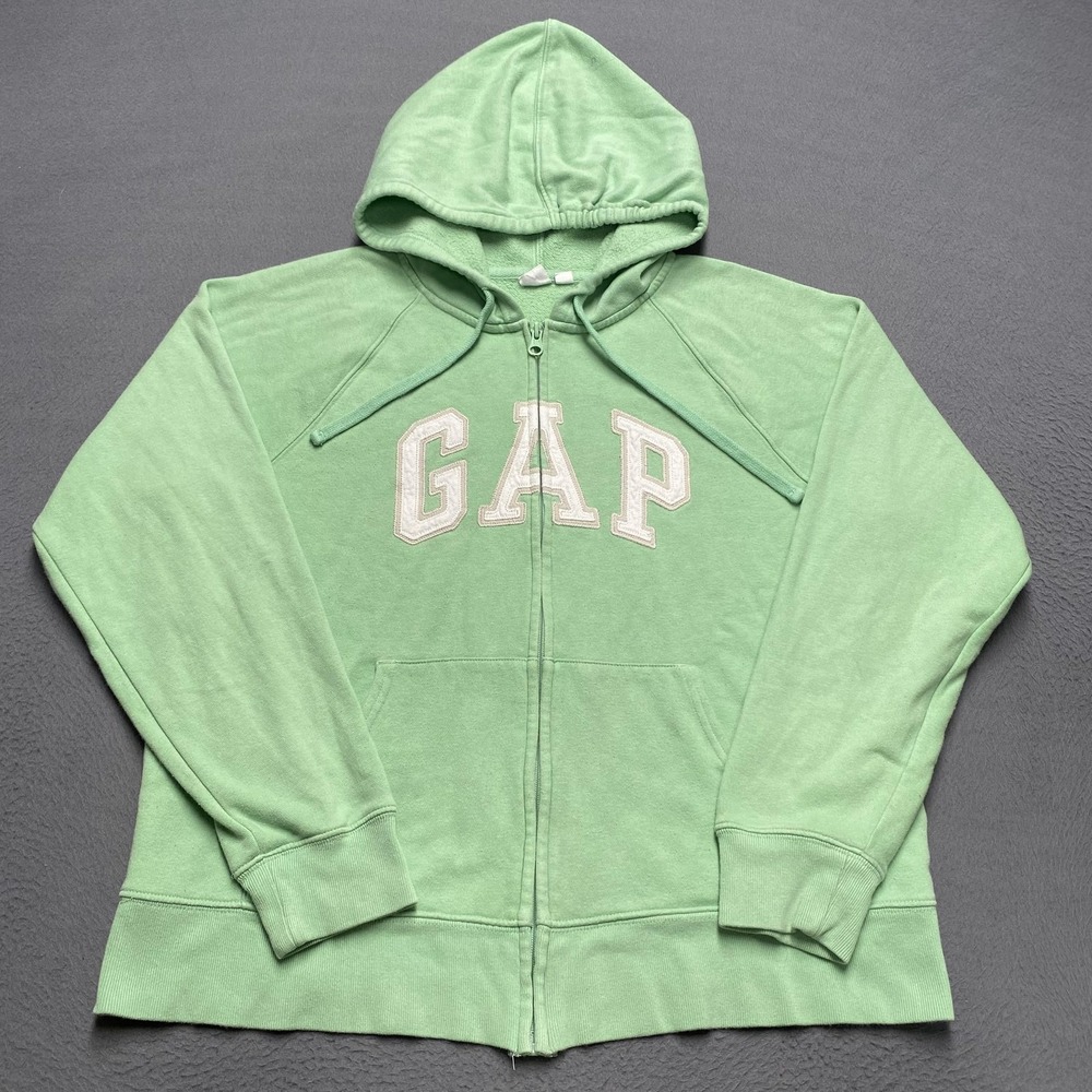GAP Hoodie Sweatshirt Womens Medium Bright Green Heritage Full Zip Logo Fleece‎